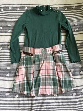 Janie and Jack Green Ribbed Long Sleeve Top with Pink & Green Plaid Skirt